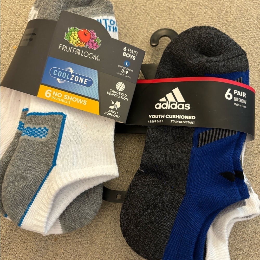 Adidas& Fruit Of The Loom Youth Cushioned No Show Socks L 3-9